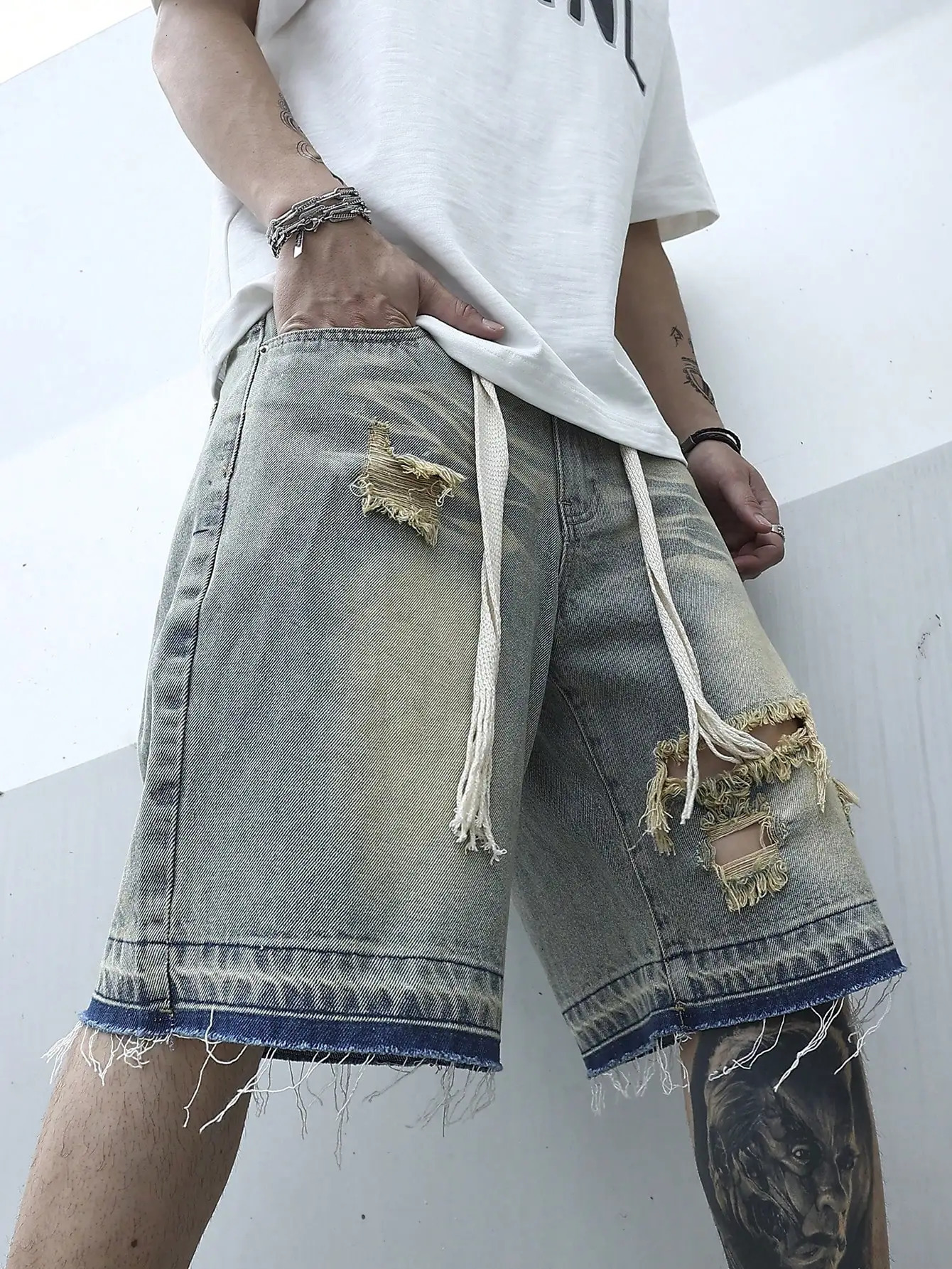 Men Summer Stretchy Denim Jeans Shorts For Men Cargo Casual Wide Leg Elastic Waist Ripped Cargo Baggy Shorts Y2k Streetwear Pant 250107