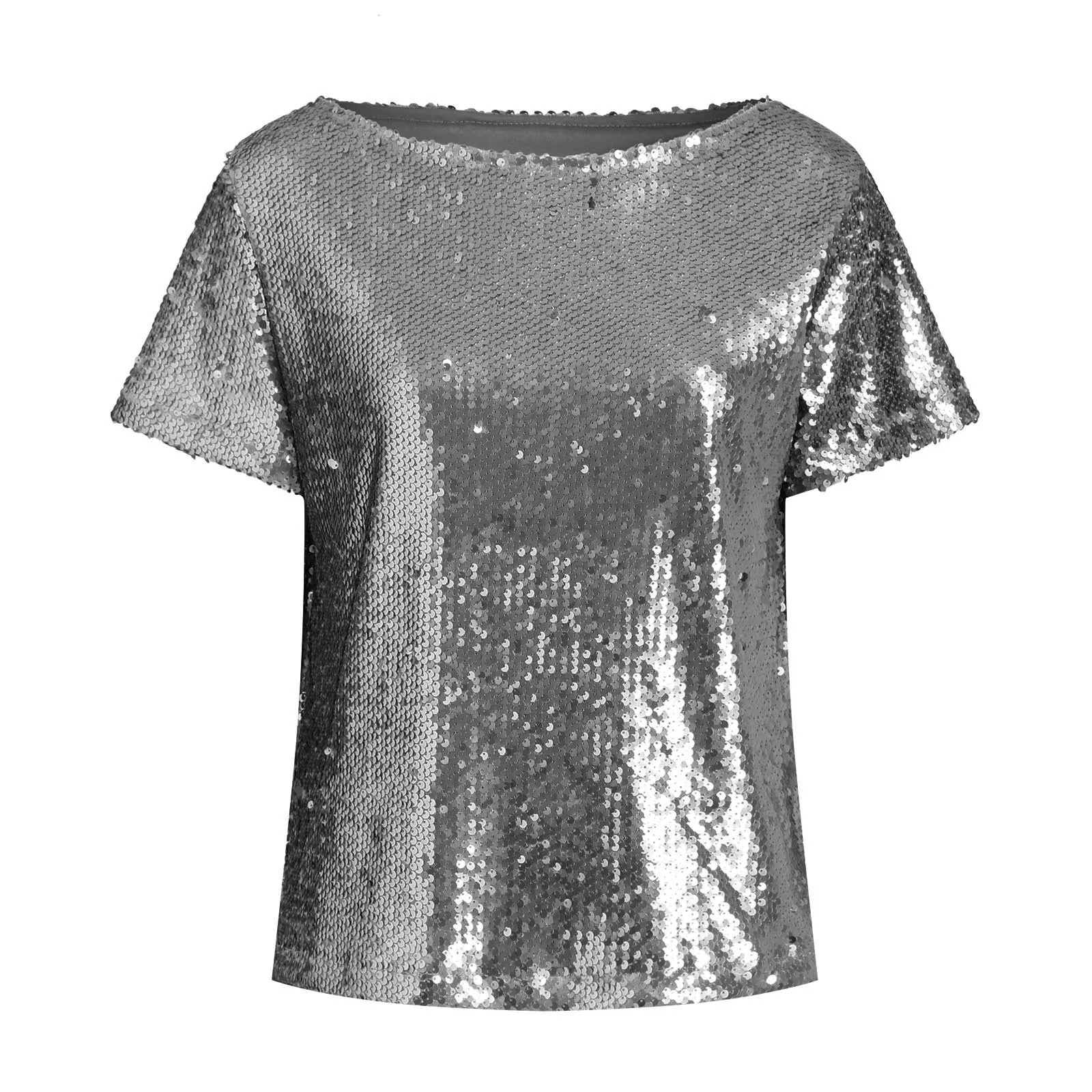 Women Elegant Blouses Shirts Asymmetrical Neck Short Sleeve Sequin Shirt Casual Shiny Tops Womens Seuqin Versatile Streetwears 250107