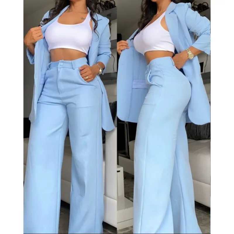Newly arrived Temperment Spring womens solid color Ele long sleeved lapel set with pockets and straight leg pants set W250108