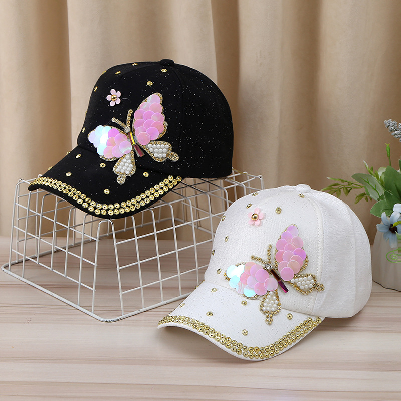 Korean version of the fashion tide hundred hats female butterfly rhinestone with diamond duck tongue cap ladies fashionable sunscreen sun-shading base