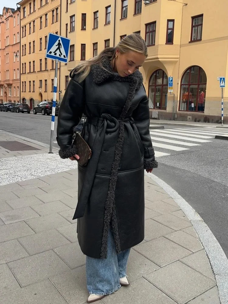 Women Black Lamb Wool Patchwork Leather Overcoat Fashion Lapel High Waist Pockets Jacket With Belt Winter Lady Street Warm Coats 250103