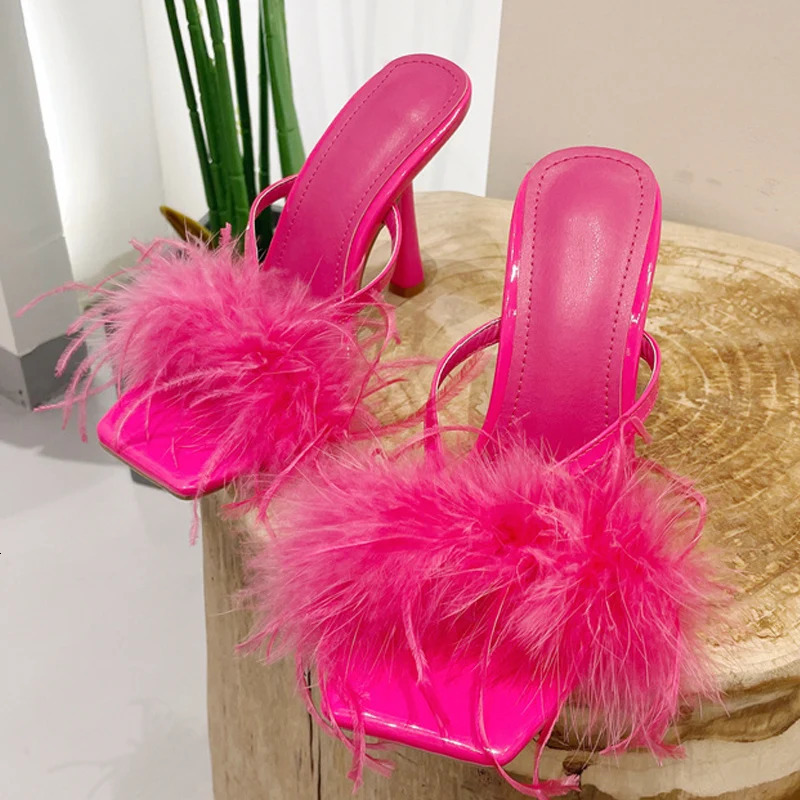 Liyke Summer Fashion Yellow Fluffy Furry Women Slippers Mules High Heels Slides Female Gladiator Sandals Party Banquet Shoes 250107