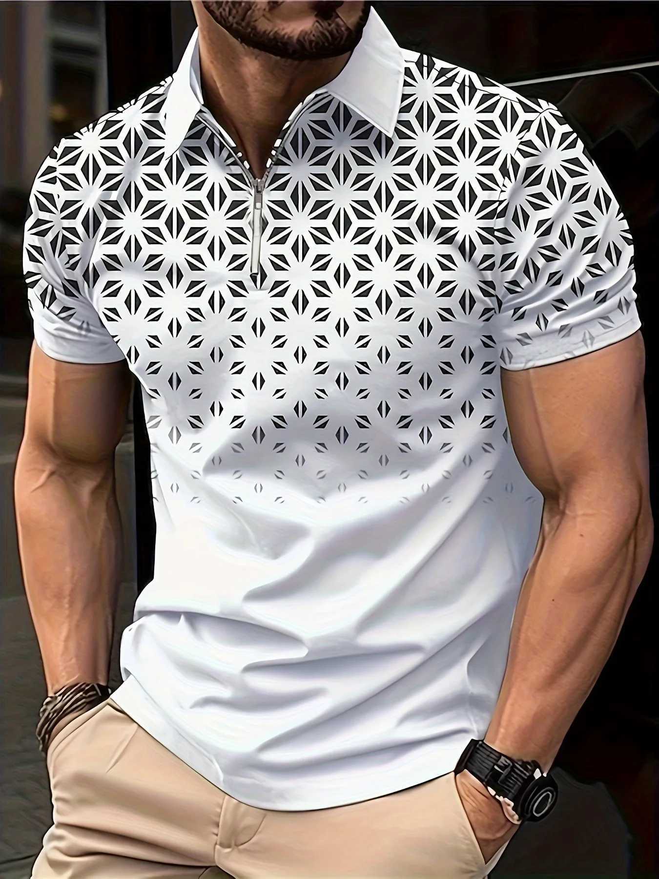 Mens Casual Vintage 3D Printed Lapel 1/4 Zipper Short Sleeve Shirt for Men Golf Fitness Training Summer Breathable Polo ShirtXJ250108