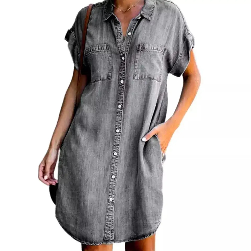 Summer Single Breasted Denim Shirt Dress Womens Casual Loose Pocket Simple Retro Female Office Denim Short Skirt 250107