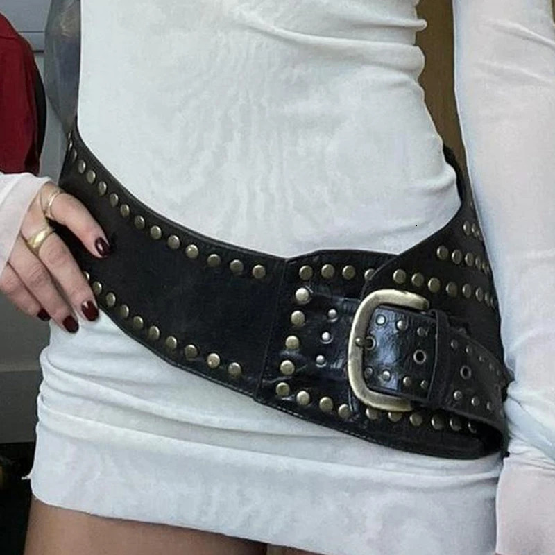 Rockmore PU Wide Belts Vintage Rivet Pin Buckle Leather Belt for Women Jeans Waistband y2k Punk Rock Hip Hop Accessories 250107