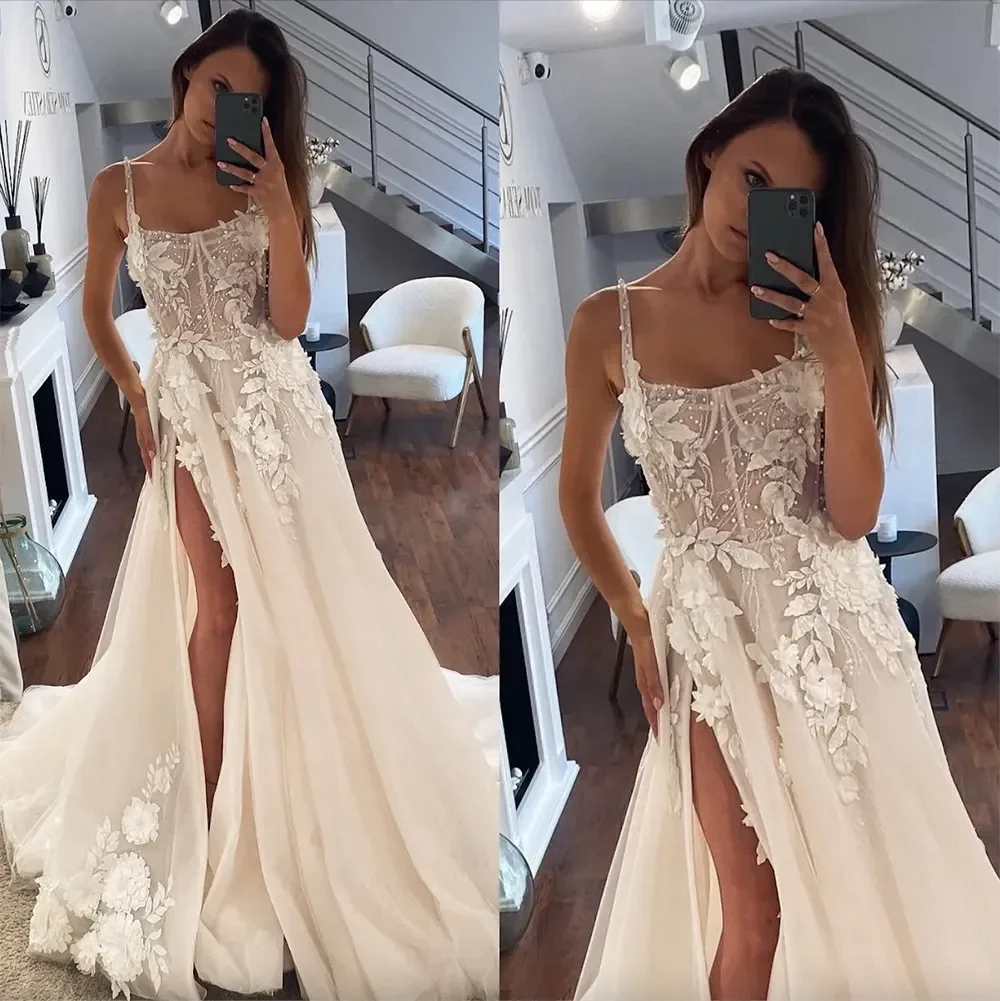 3D Floral Appliques Beach Wedding Dresses Side Split Long Spaghetti Straps Bridal Gowns Beaded Illusion Corset Boho Bride Dress Custom Made