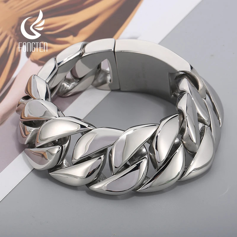 Fongten 31mm Width Big Heavy Cool Mens Bracelets Brushed Polish Stainless Steel Chunky Cuban Chain Bracelet For Men Jewelry 250107