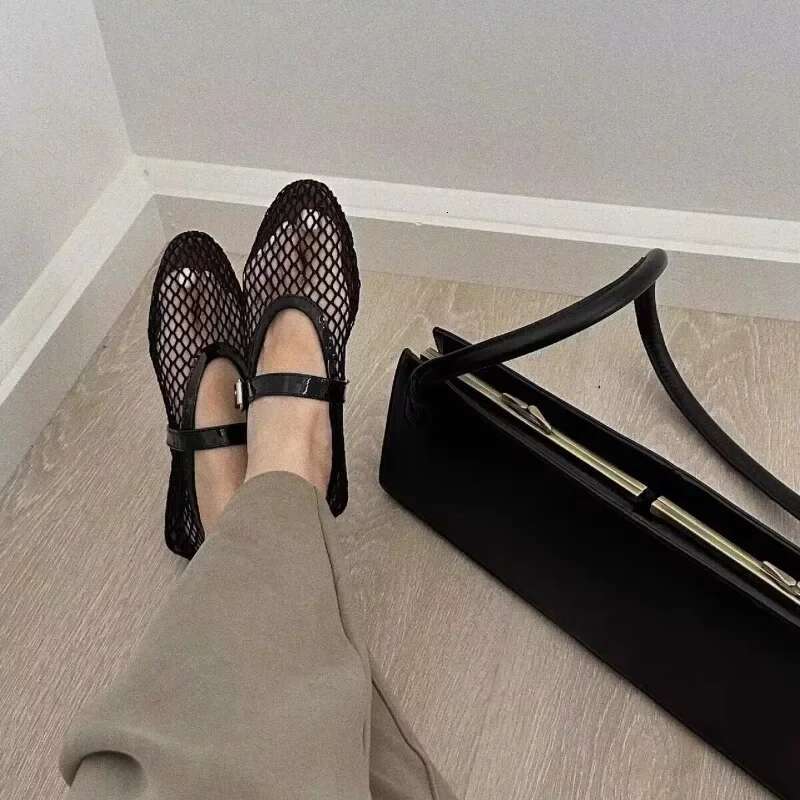 Ballet Flat Shoes Woman Mesh Hollow Outs Mary Jane Flats Black Loafers Summer Walking Footwear Size 42 250224