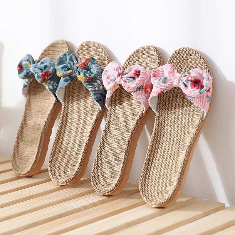 New Arrival Summer womens slippers family womens bow flat slippers linen flip up Bohemian beach sandals slippers Chaussure womens T250108