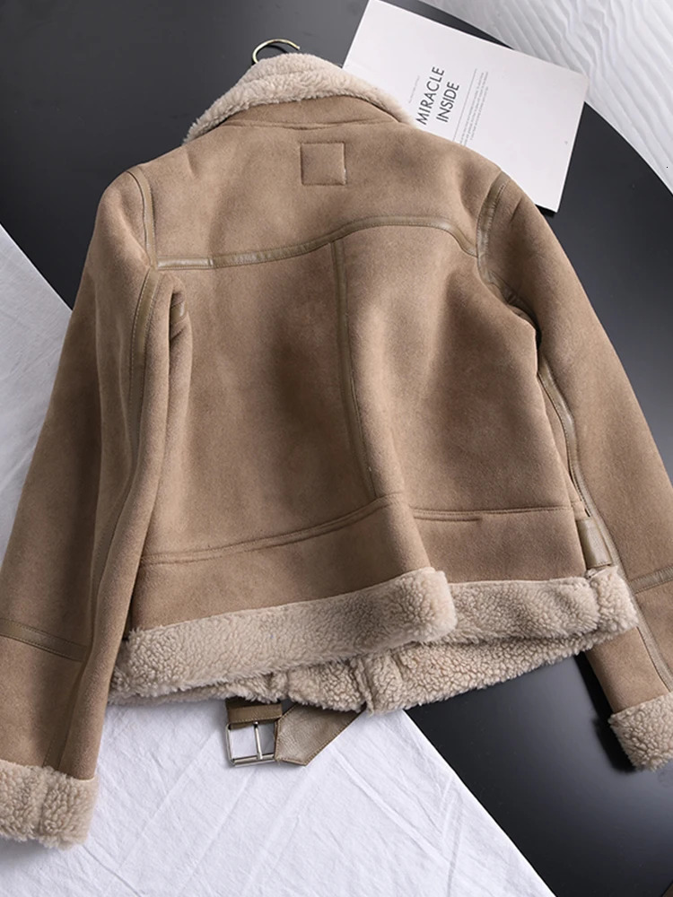 Ailegogo Winter Women Thick Warm Suede Lamb Jacket Short Motorcycle Brown Coats Faux Shearling Sheepskin Leather Jackets Outwear 250103