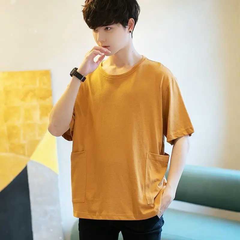 Fashionable and casual floral mens solid color loose T-shirt straight round neck handsome short sleeved spring/summer mens clothing M250108