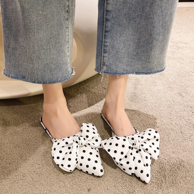 Oversize Bowtie Mule Shoes Women Fashion Pointed Toe Stripe Wave Slip-on Sandals Ladies Satin Silk Outdoor Flat Slippers 250107