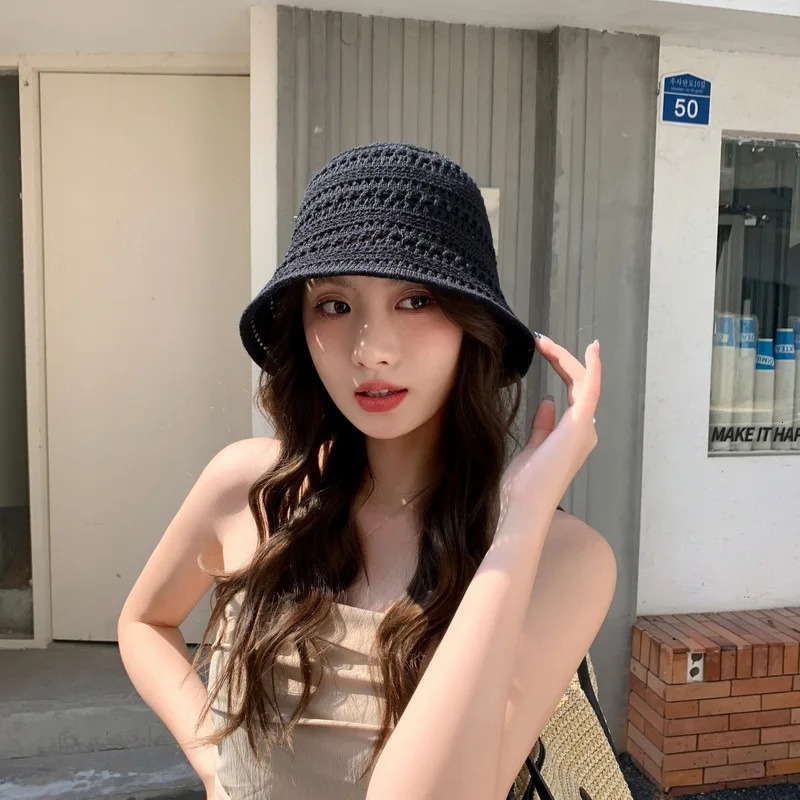 2024 Summer Hollow Knitted Sun Protection and Sunshade Hat for Womens Leisure Versatile Small Fresh Fashion Pot Hat 250107