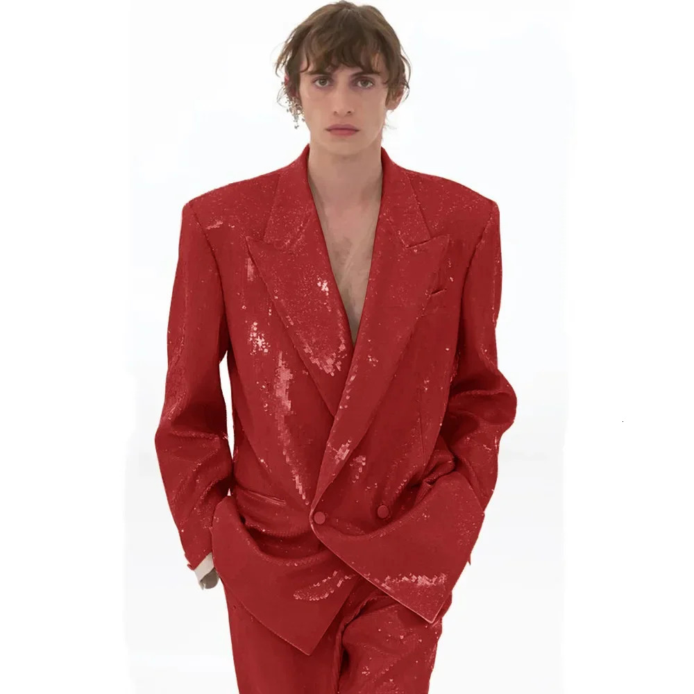 Mens Suit Complete 2 Piece Sequined Party Wear Slim Fit Wedding Jacket Pants Clothing Casual Trousers Elegant 250102
