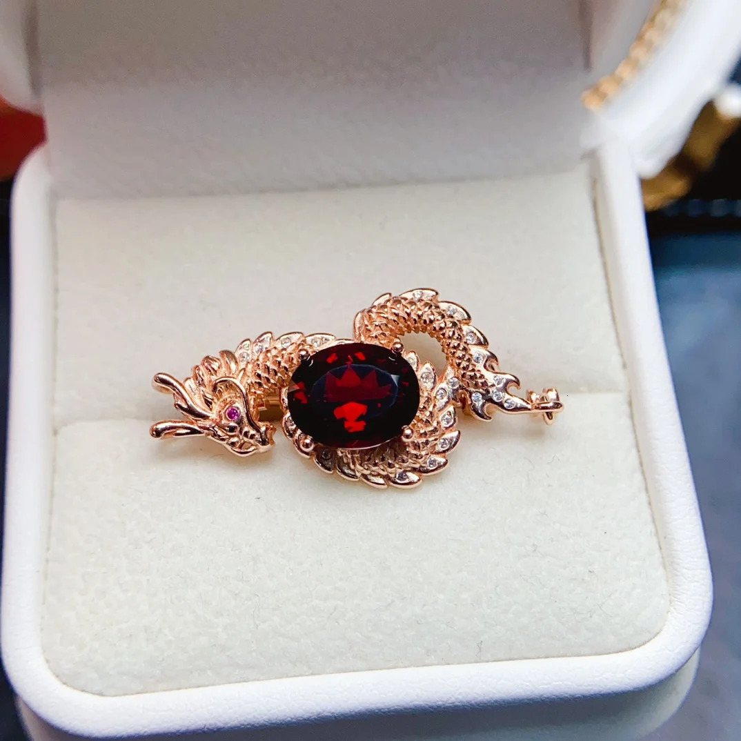 FS 8*10mm Natural Garnet Dragon Brooch S925 Sterling Silver Fine Charm Weddings Jewelry for Women With Certificate MeiBaPJ 241230