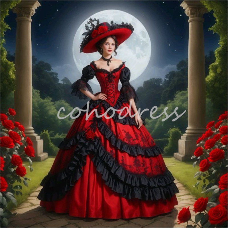 Medieval Renaissance Prom Dress Black And Red Gothic Vampire Vestidos De Novia French Duchess Rococo Southern Belle Victorian Costume Masquerade Party