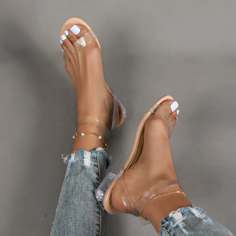 Transparent Pvc Jelly Sandals for Women Summer Casual Open Toe Beach Shoes Woman Clear Low Heels Ankle Strap Sandles Female 250106