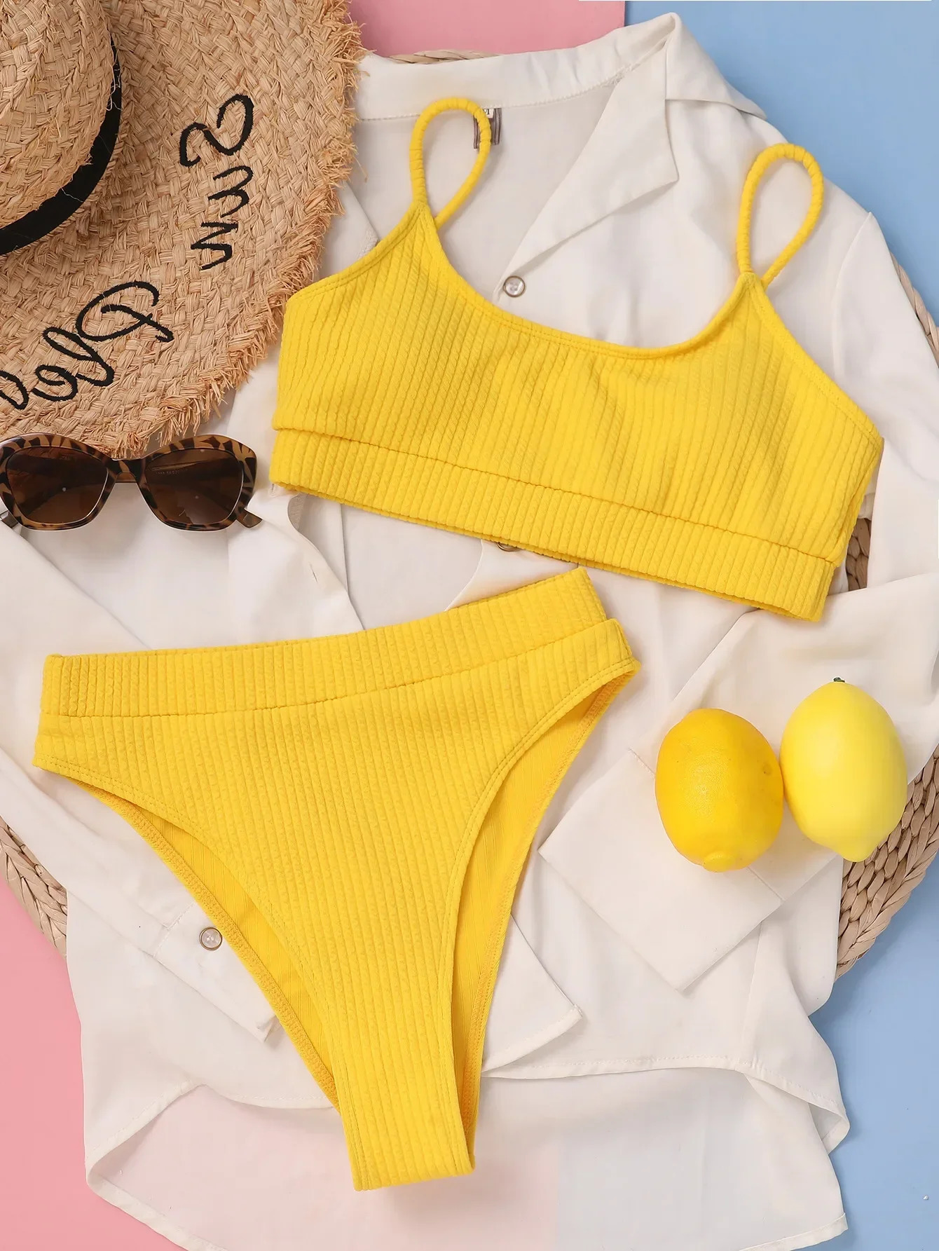 Sexy Solid Yellow Bikini Mujer High Cut Pleate Womens Swimsuit Separate Beach Bathing Suit High Waist Swimwear Biquini 250106
