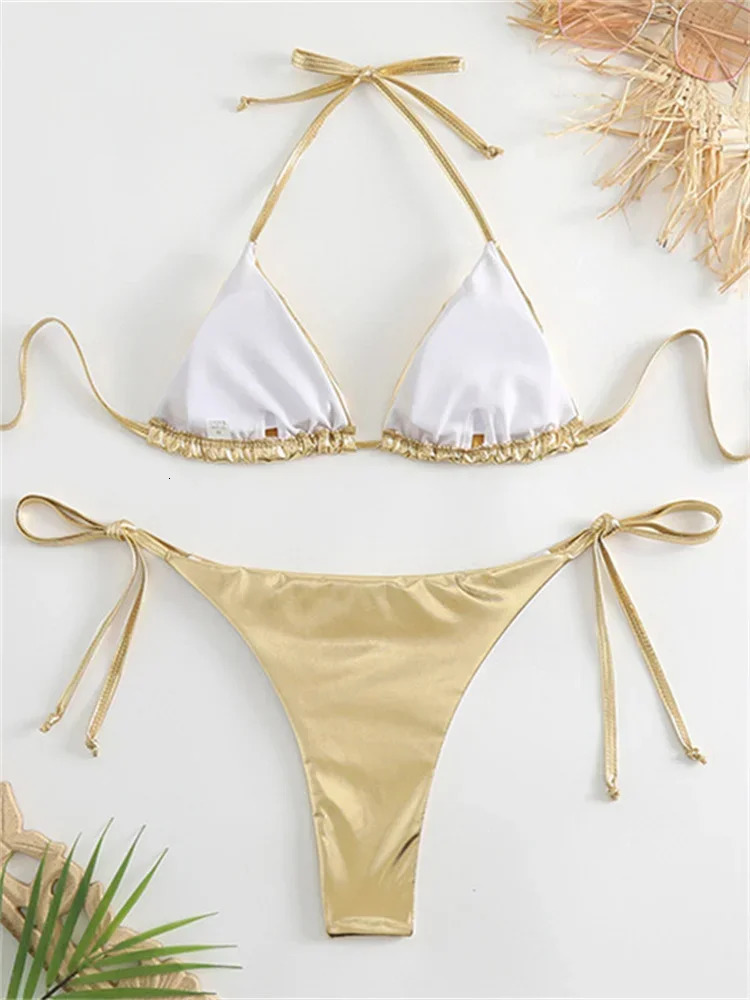 Sexy Brozing Gold Bikinis Sets Women Push Up Micro Bikini Swimsuit 2024 Brazilian Beach Bathing Suit Tie Side Triangle Swimwear250107