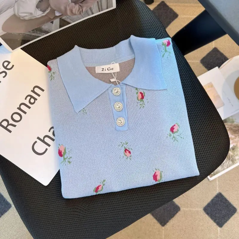 Vintage Womens Sweet Elegant Blue Print Short-sleeved Button Tops Summer Polo Collar Festival Knitted T-shirt Trend 250107