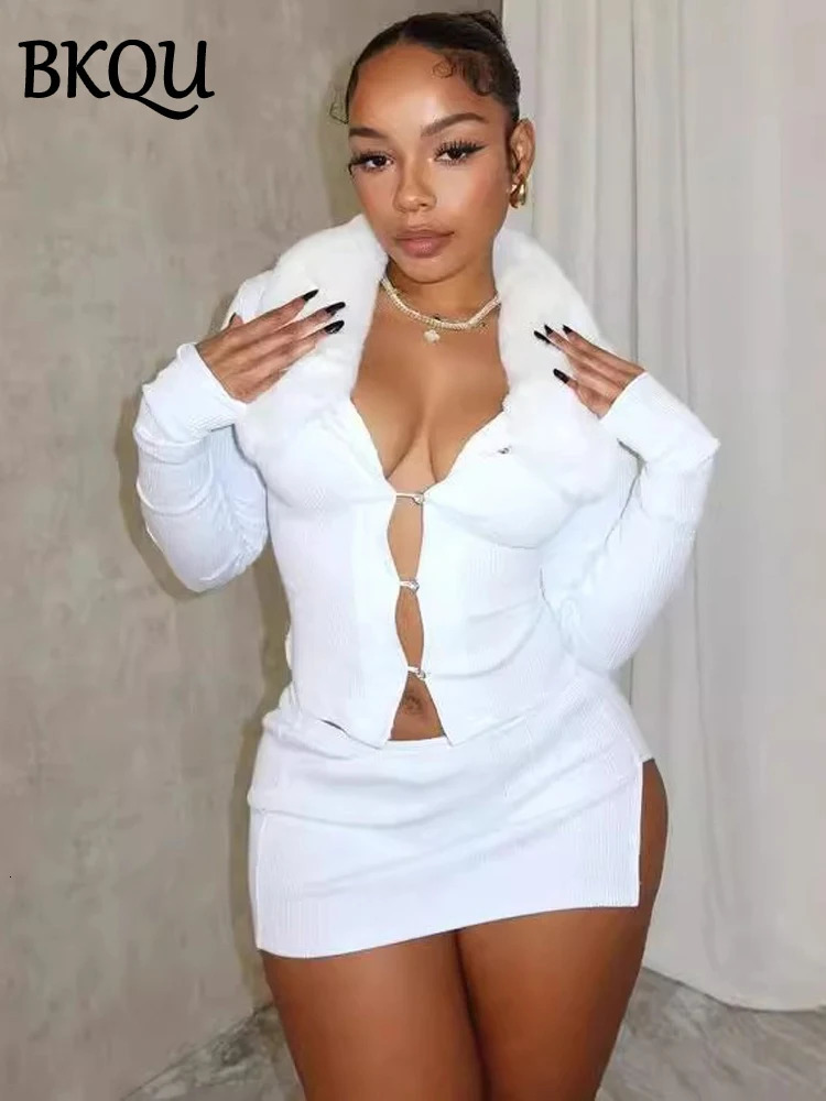 BKQU Sexy Fur Collar Hollow Crop Top Mini Skirt Women 2 Piece Set Autumn Elegant Knitted Bodycon Nightclub Dress Outfits 2024 241225