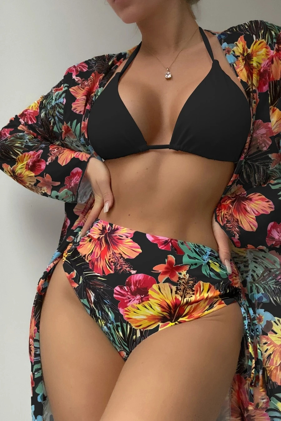 3 Pieces Sexy Triangle Bikini Women Printed Swimwear Female High Waist Swimsuit With Kimono Bathing Swimming Suit Beachwear 250106
