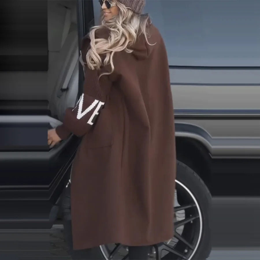 Leisure long patch long coat womens casual hoodie lace pocket womens jacket autumn and winter womens trench coat 250107
