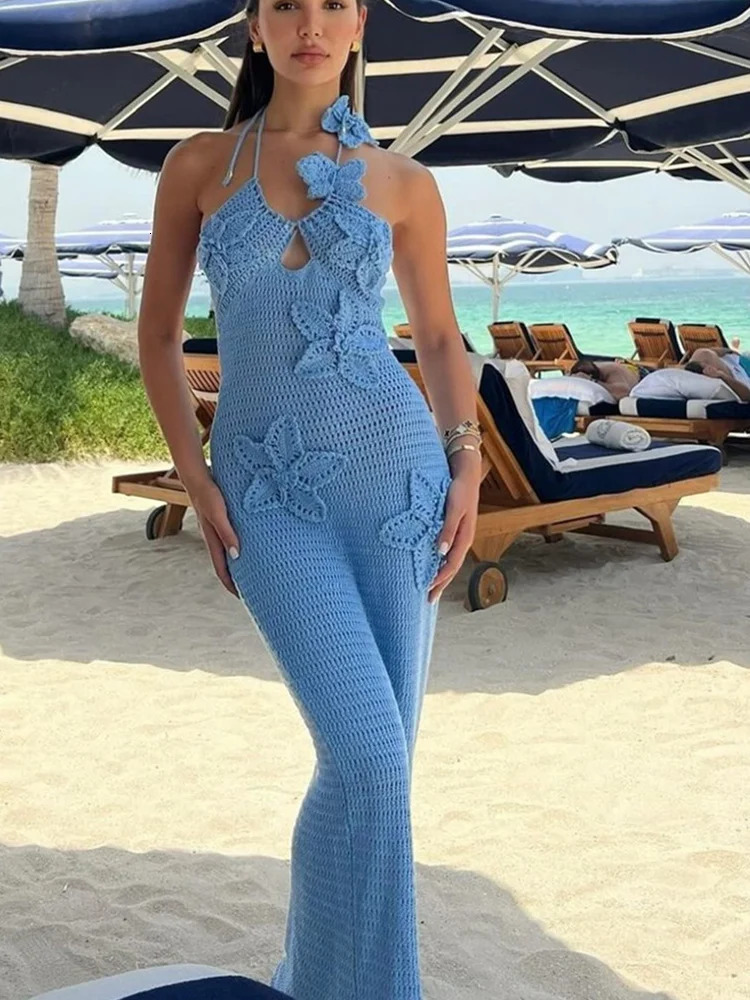 Nibber Appliques Halter Sexy Dress Women Shirring Knit See Through Elegant Beach Vacation Summer Trend Clubwear Long Bodycon 250107