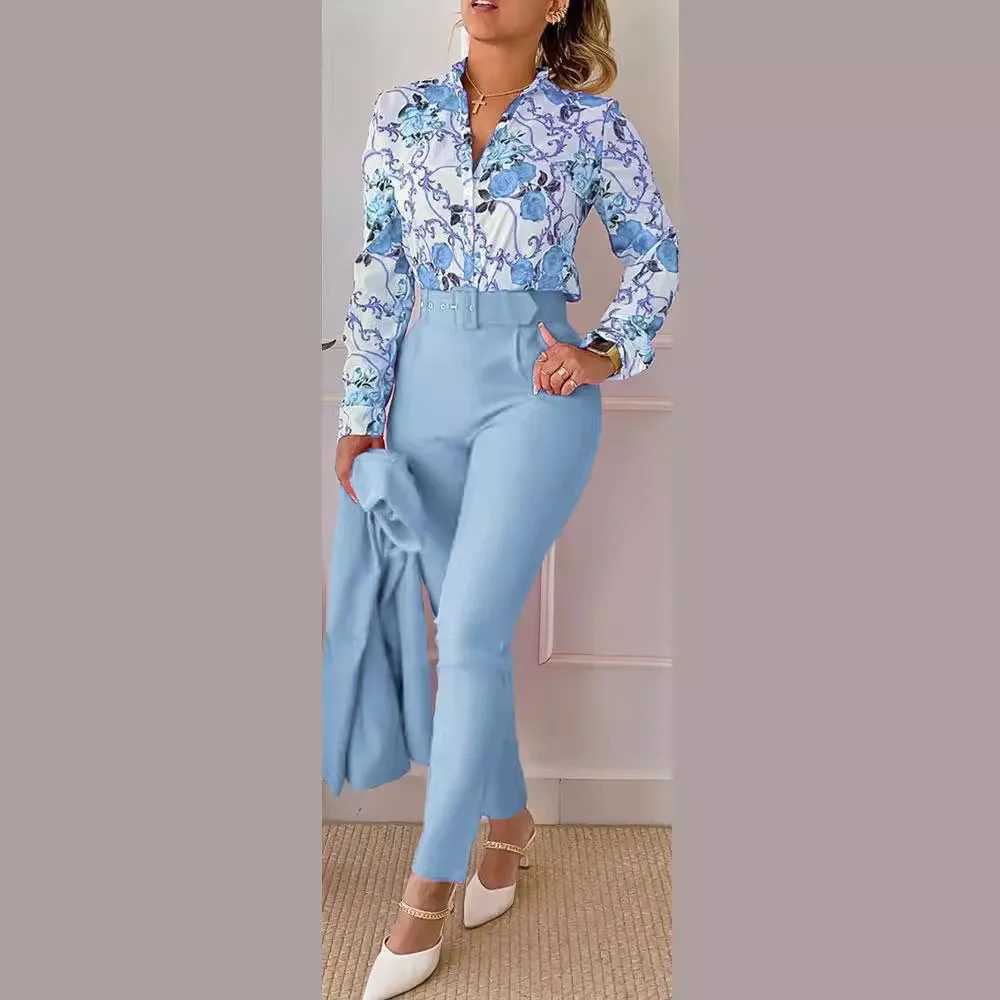 Ele Womens Printed Two Piece Set Spring and Autumn V-neck Long Sve Shirt Top and Pants Set Including Work Clothes Set W250108