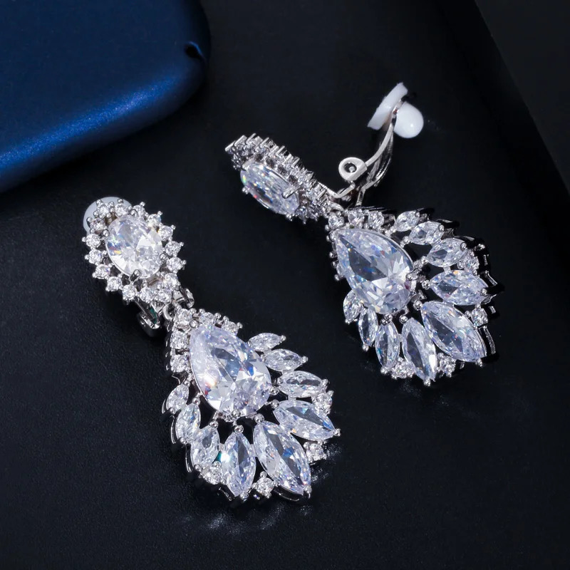 CWWZircons Gorgeous Silver Color Dangle Drop CZ Zirconia Women Long Clip On Earrings for No Pierced Hole Ears CZ006 250103