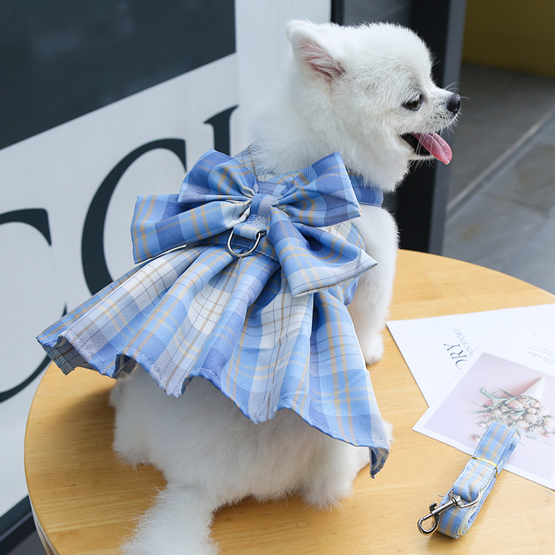 Pet plaid skirt chest strap leash walk dog cat vest clothes teddy supplies factory direct sales 2025