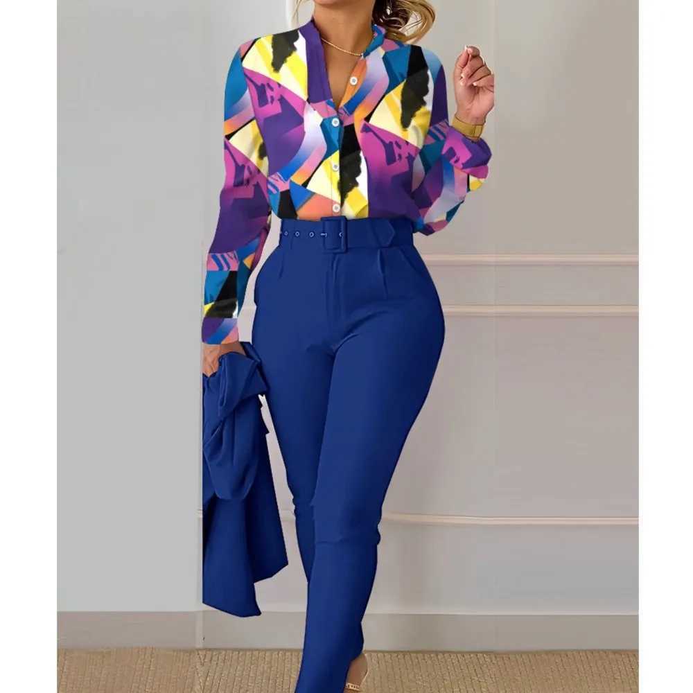 Ele Womens Printed Two Piece Set Spring and Autumn V-neck Long Sve Shirt Top and Pants Set Including Work Clothes Set W250108