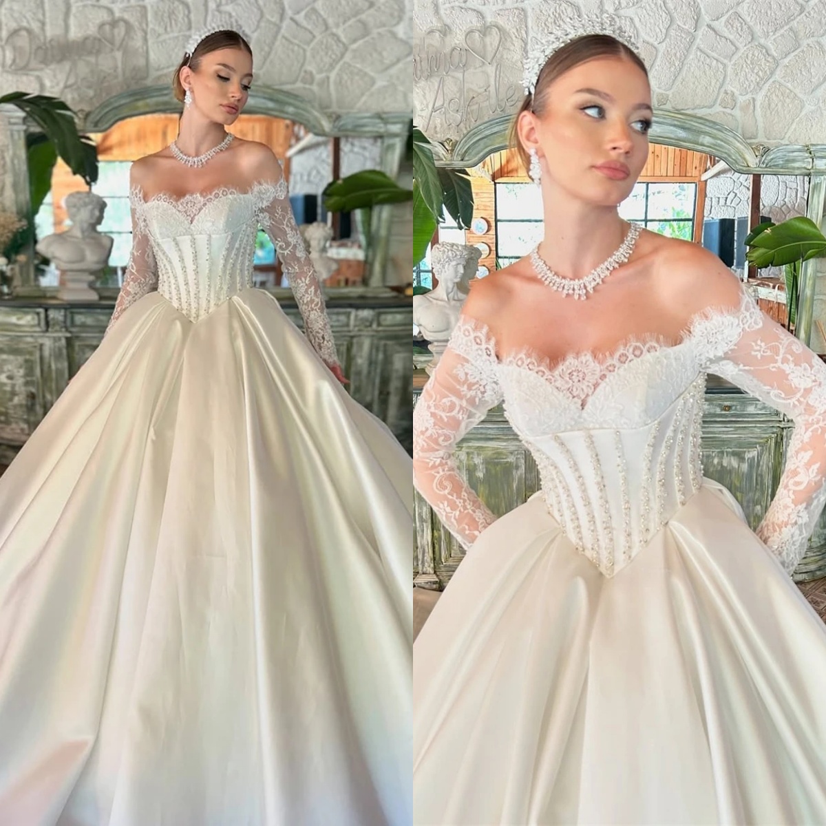 Elegant A-e Bridal Dress with Lace Appliques, Off-Shoulder Long Sleeves, Sweep Train, Customizable, 2024 Wedding Gown
