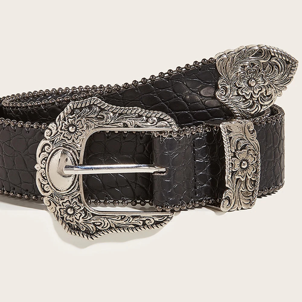 Fashion Gothic Pu Belt for Women Alloy Buckle Jeans Waist Strap Stone Pattern Female Jeans Waistband Y2k Accessory 250107