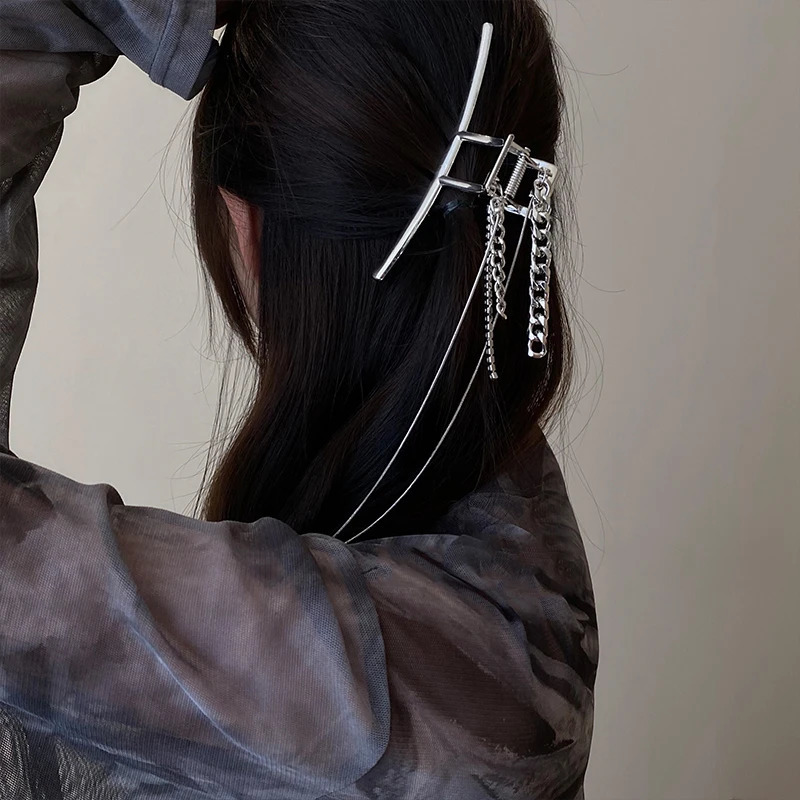 Metal Tassel Chain Hair Claws Big Silver Color Barrettes Hairpins Large Hair Clips Woman Hair Accessories Headwear Hairgrip 250103