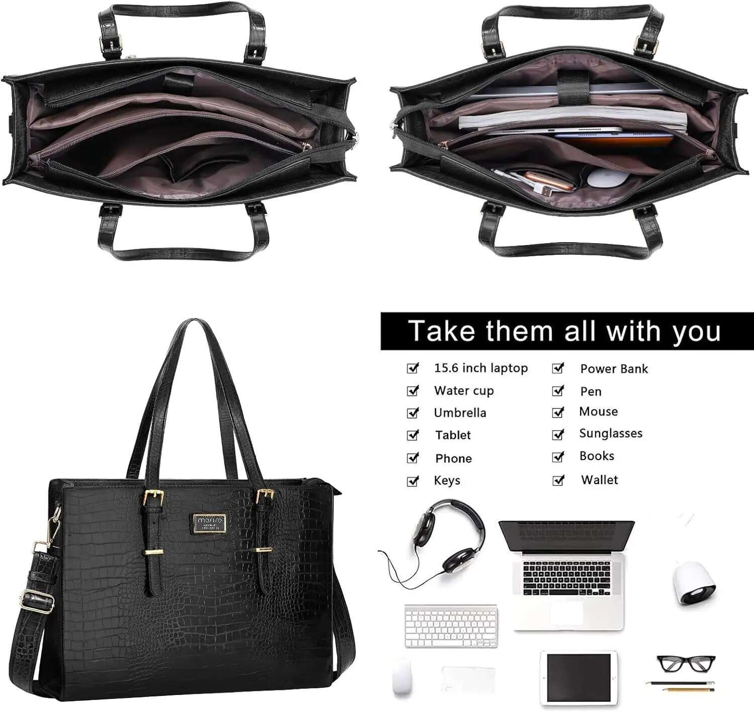 PU Leather Laptop Tote Bag 15.6 inch Women Handbag Crocodile Large Capacity Travel Business Commuting Shoulder Messenger Bags