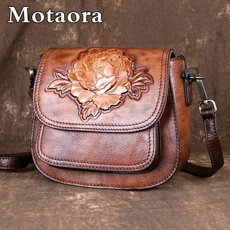 MOTAORA Handmade Emed Women Shoulder Bags For Female Genuine Leather Handbag Vintage Woman Saddle Crossbody Bag 2024