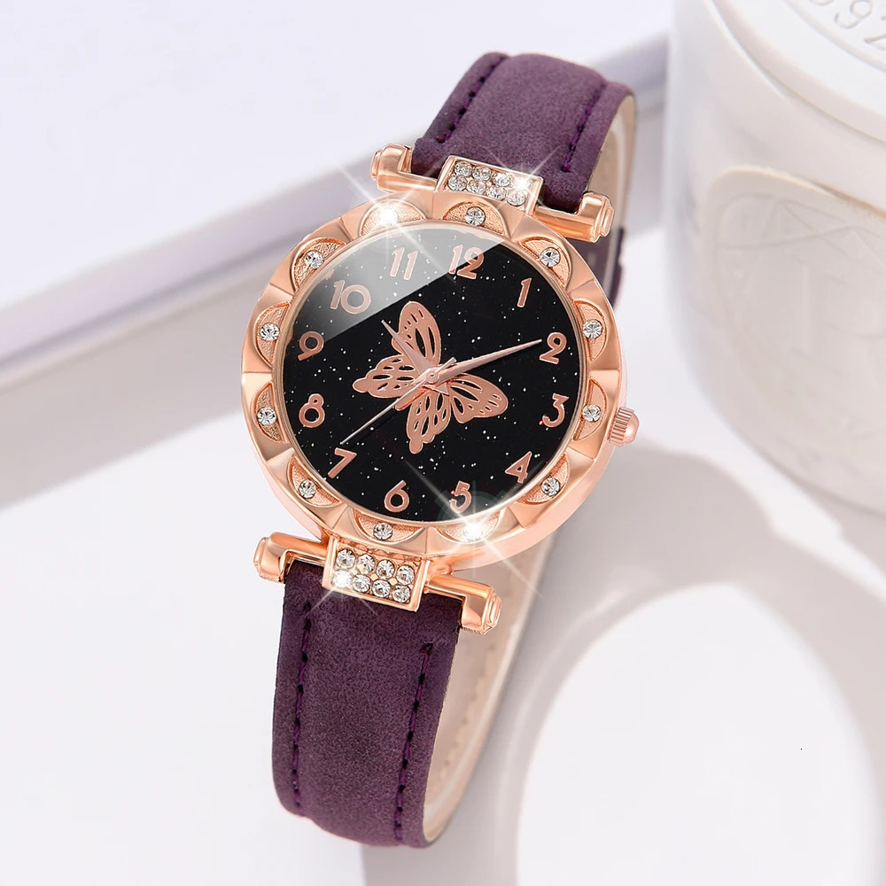 5PCSSet Purple Women Watch Fashionable Butterfly Element Dial Quartz Wristwatch Frosted Strap Jewelry Set Gift For Girls 241228
