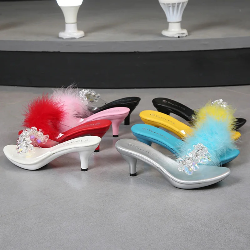 Summer Low Heel Bling Rhinestones Slippers Transparent Maomao Sandals Thin High Heels Sexy Party Comfortable Crystal Women Shoes 250107