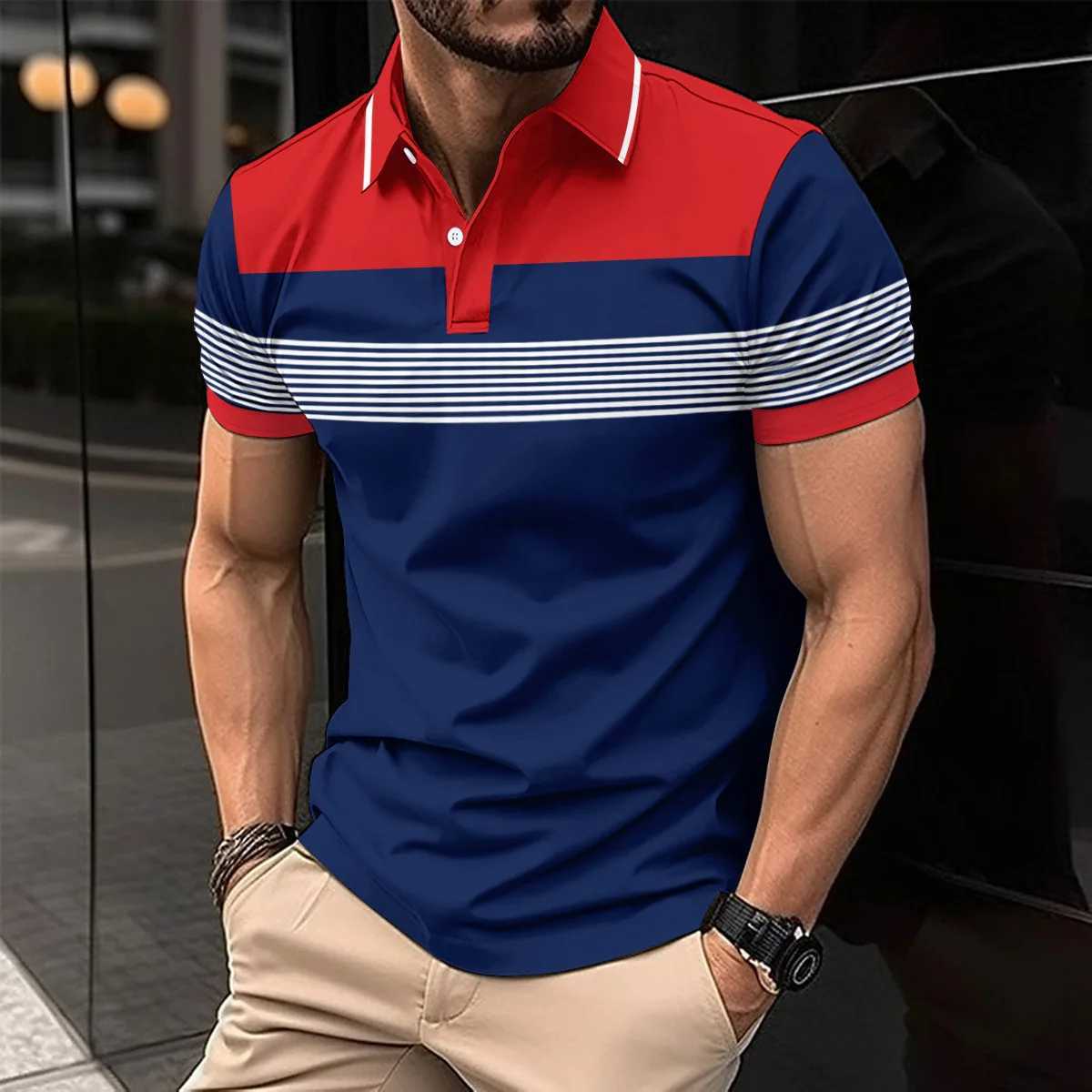 2025 New Cross-border Mens Clothing Casual POLO Shirt V-neck Button Business Striped Versatile T-shirt TopXJ250108
