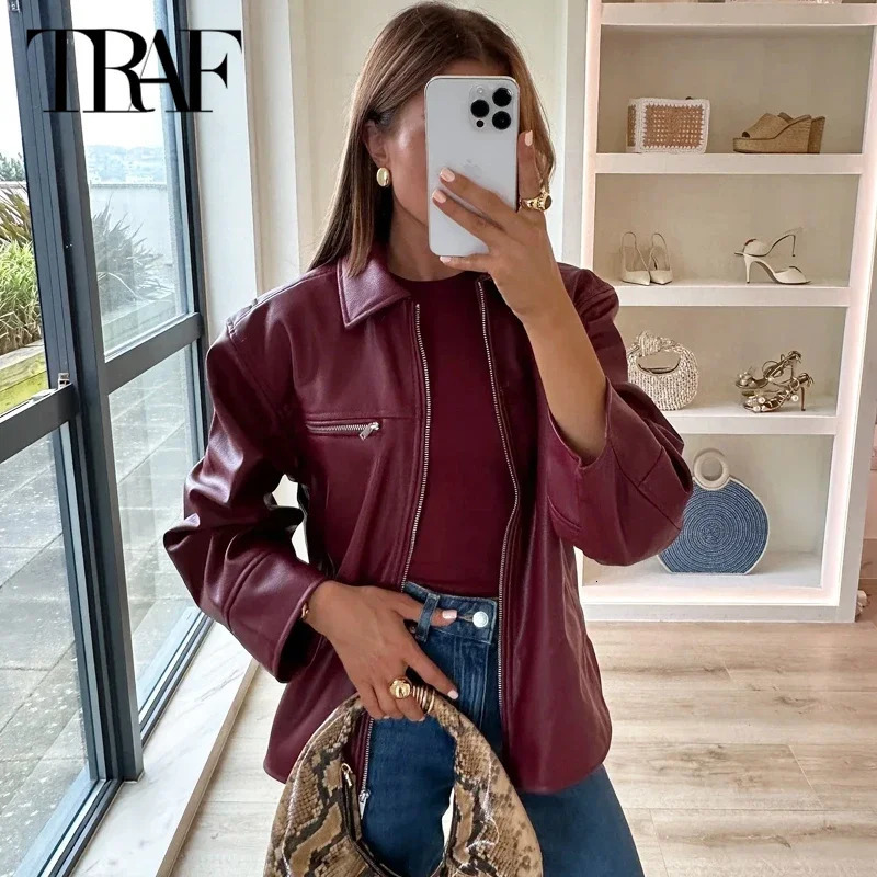 TRAF 2024 Women Faux Leather Jacket Autumn Winter Fashoin Long Sleeve Burgundy in Outerwears Streetwear Coats 250103