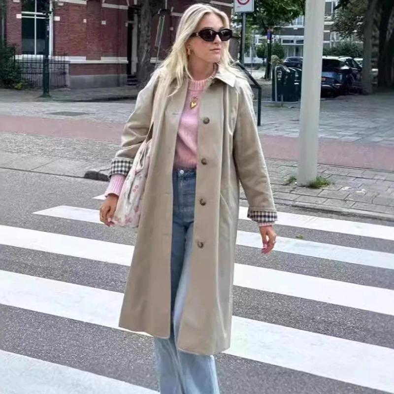 Women Solid Single Breasted Lapel Windbreaker Long Sleeve Plaid Lining Trench Coat Autumn Chic High Street Overcoat 250107