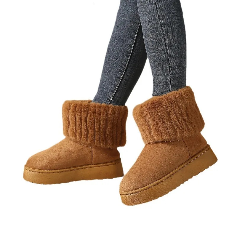 Shoes for 2024 Women Winter Womens Boots Black Round Toe Solid Flock Plush Warm Mid Heel Water Proof Casual Snow Boots Women 250106