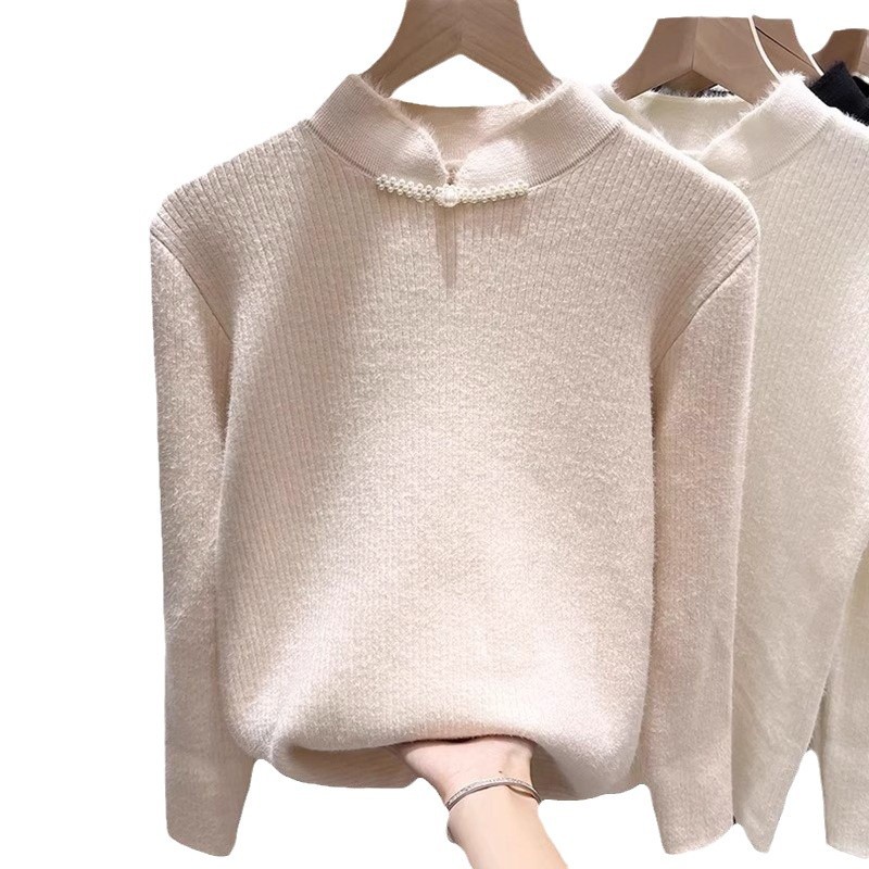 M1015 Chinese style buttoned plus velvet warm half-high collar knitted bottoming shirt women's one-piece fleece top spot autumn and winter inner 