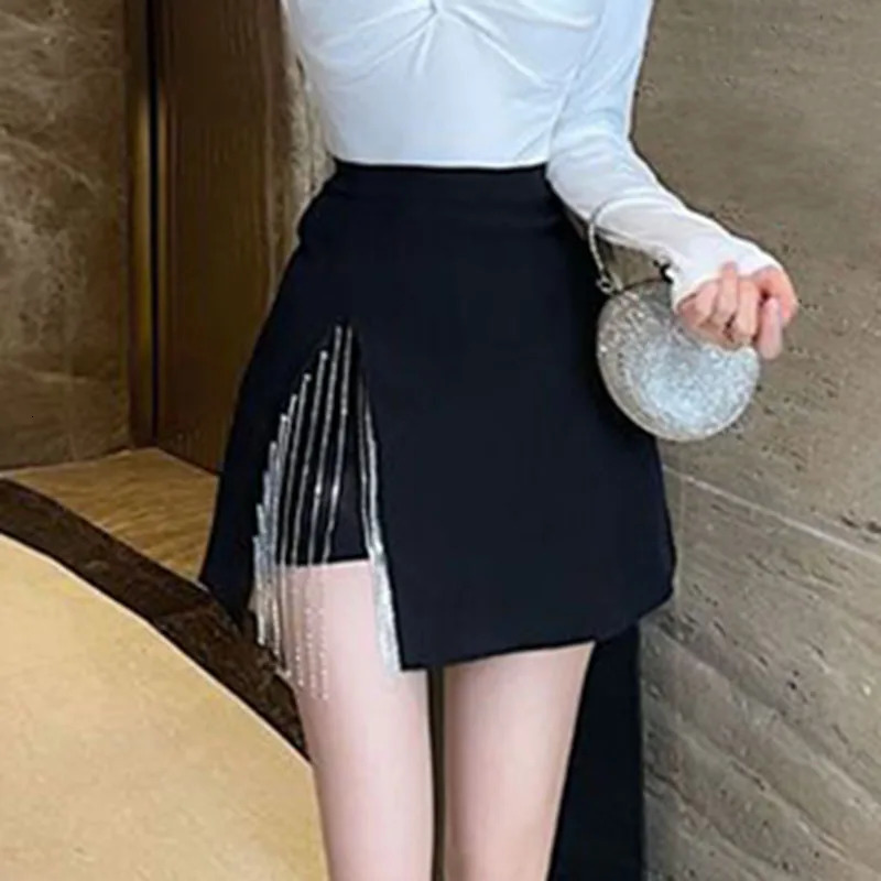 Fashion Side Split Mini Skirts for Women Korean High Waist Tassel ALine Skirt Woman Sexy with Lining Back Zipper Bag Hip 250106