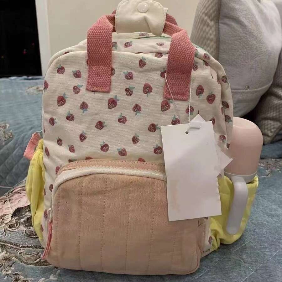 2025 new canvas strawberry for children and girls dopamine color blocked cute casual travel backpack