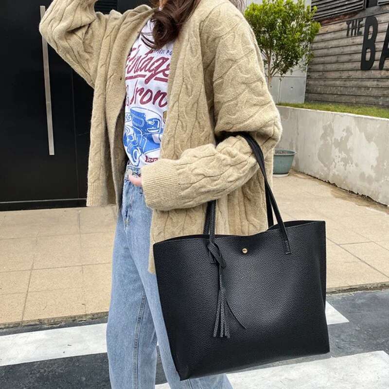 new women s shoulder bag leisure designer casual large capacity lychee pattern trend tassel outdoor simple handbag