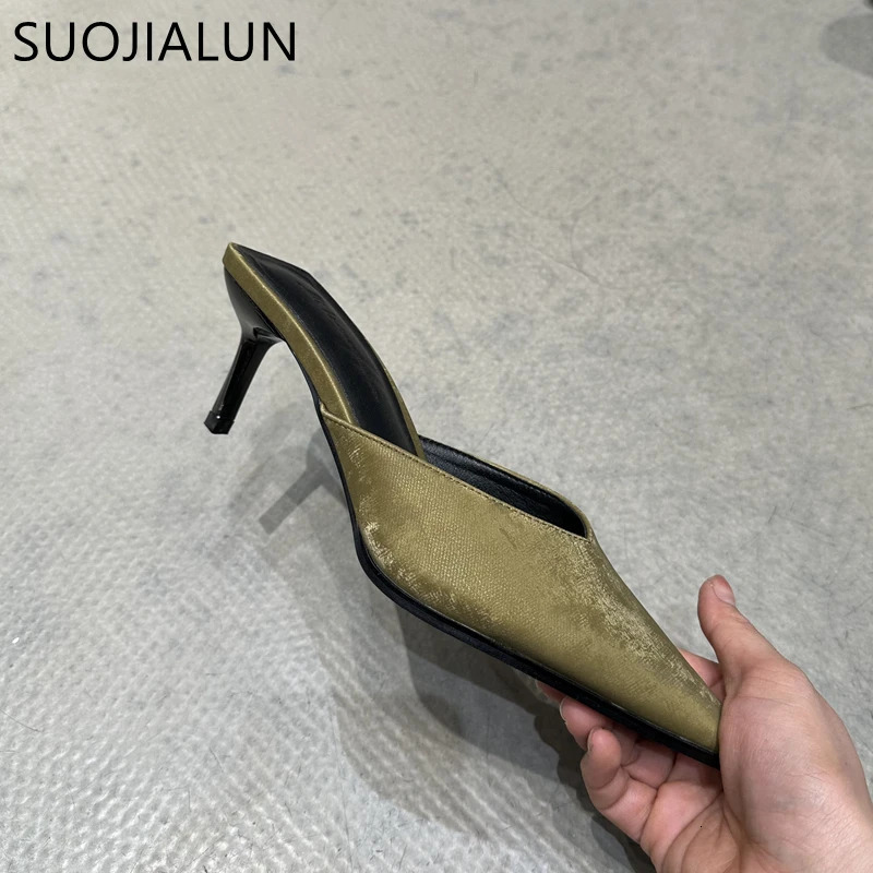 SUOJIALUN 2024 Spring Women Slipper Fashion Pointed To Shallow Slip On Mules Shoes Thin High Heel Ladies Elegant Sandals 250107