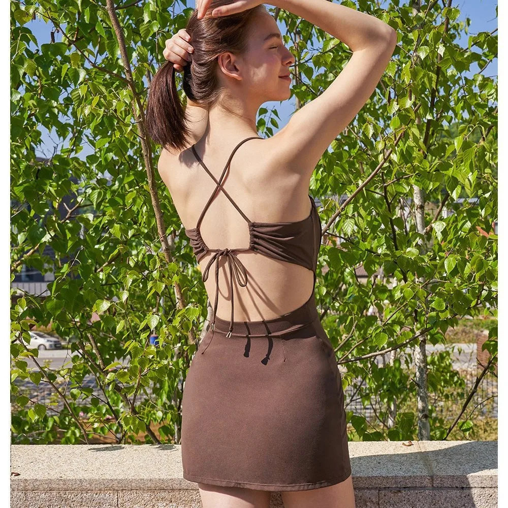 One Piece Swimsuit Women Swimwear Sexy Brown Dress Bandeau Swimming Suit Korea Style Monokini Bodysuit Beach Bathing 250108