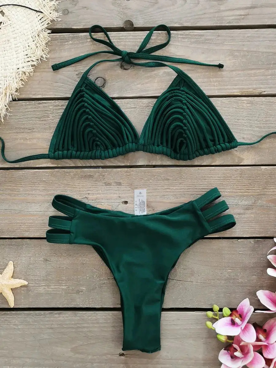 Comfortable Brazilian G-String Swimwear Bandage Stripes Trim Halter Female Bikini Set 2024 Fashion Chest Pad Beachwear250107